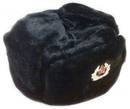 Black winter hat with earflaps.